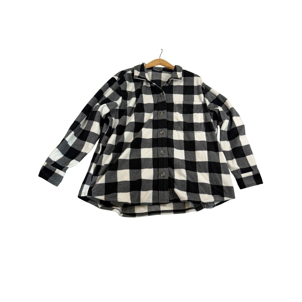 Eddie Bauer Womens XL Microfleece Button Up Shirt Buffalo Plaid Black White 2374